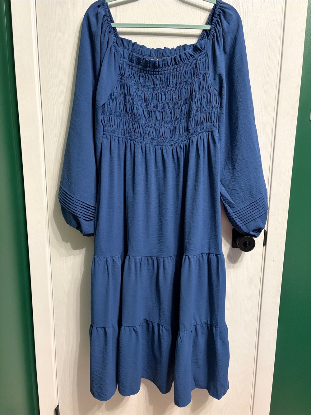 She + Sky navy Blue Smocked Tiered Dress with Puff Sleeves size XL